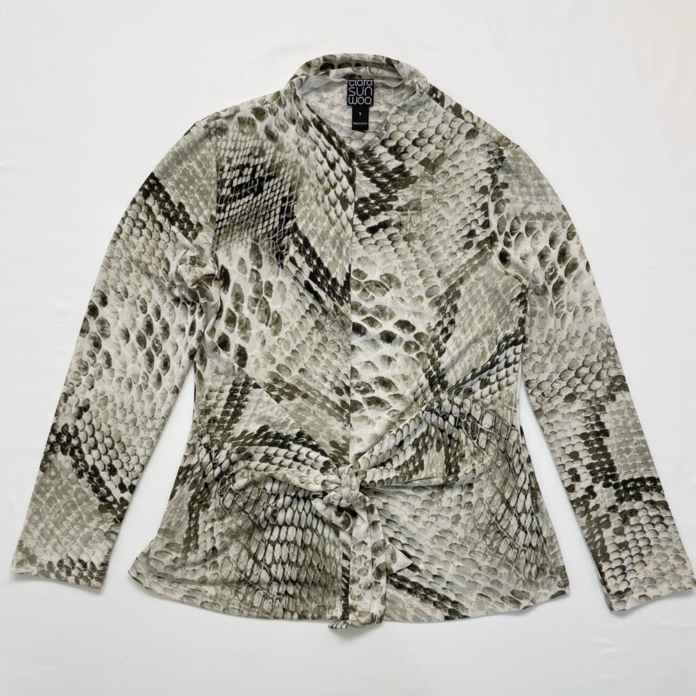 Clara Sun Woo Snakeskin Size Small Tie Front Long Sleeve Blouse Cinched Waist